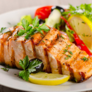 Salmon with fresh salad.